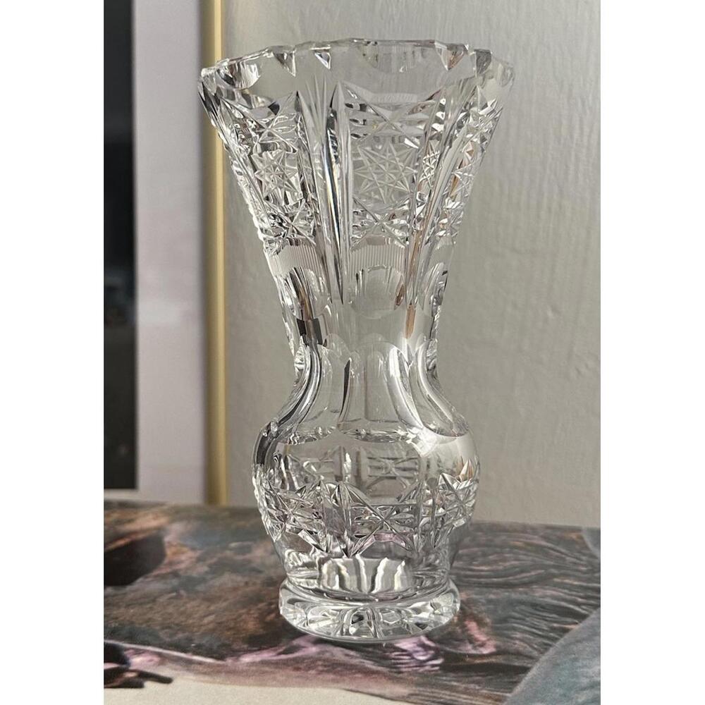 Vintage Etched Clear Cut Crystal Lead Vase Hand Cut Heavy Weight - Picture 2 of 4